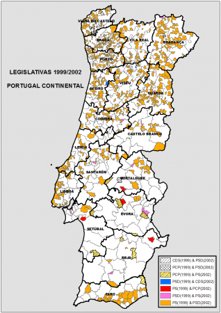 Alterações relativamente aos partidos vencedores por freguesia entre 1999 e 2002.